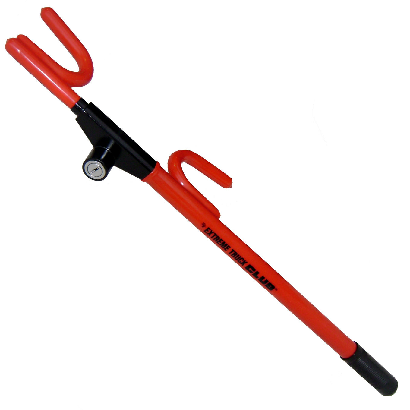 A classic metal bar steering-wheel lock (The Club) fitted across a car steering wheel.